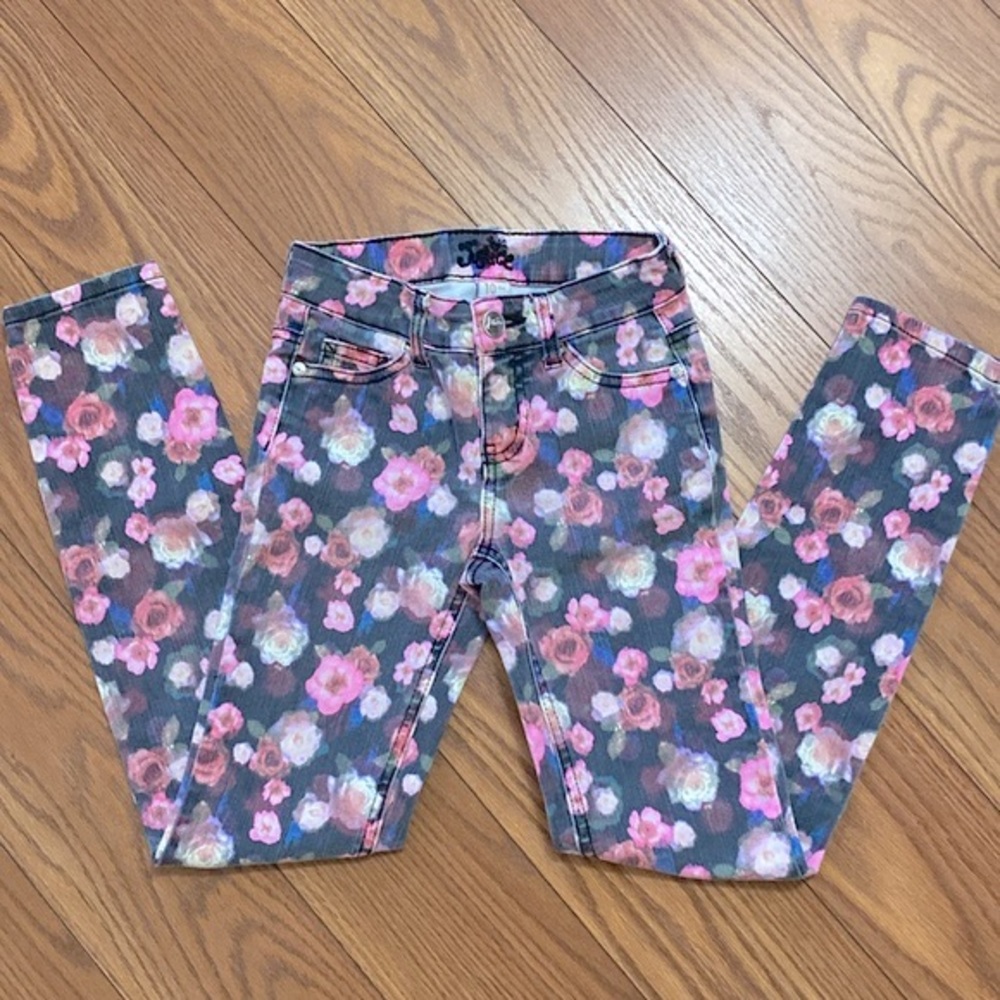 Justice girls supper skinny slim multi color flower print stretch jean zip up